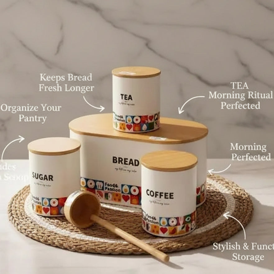 4 Piece Kitchen Storage Set Bread Box & Canisters – Tea Coffee Sugar Jars with Bamboo Lids