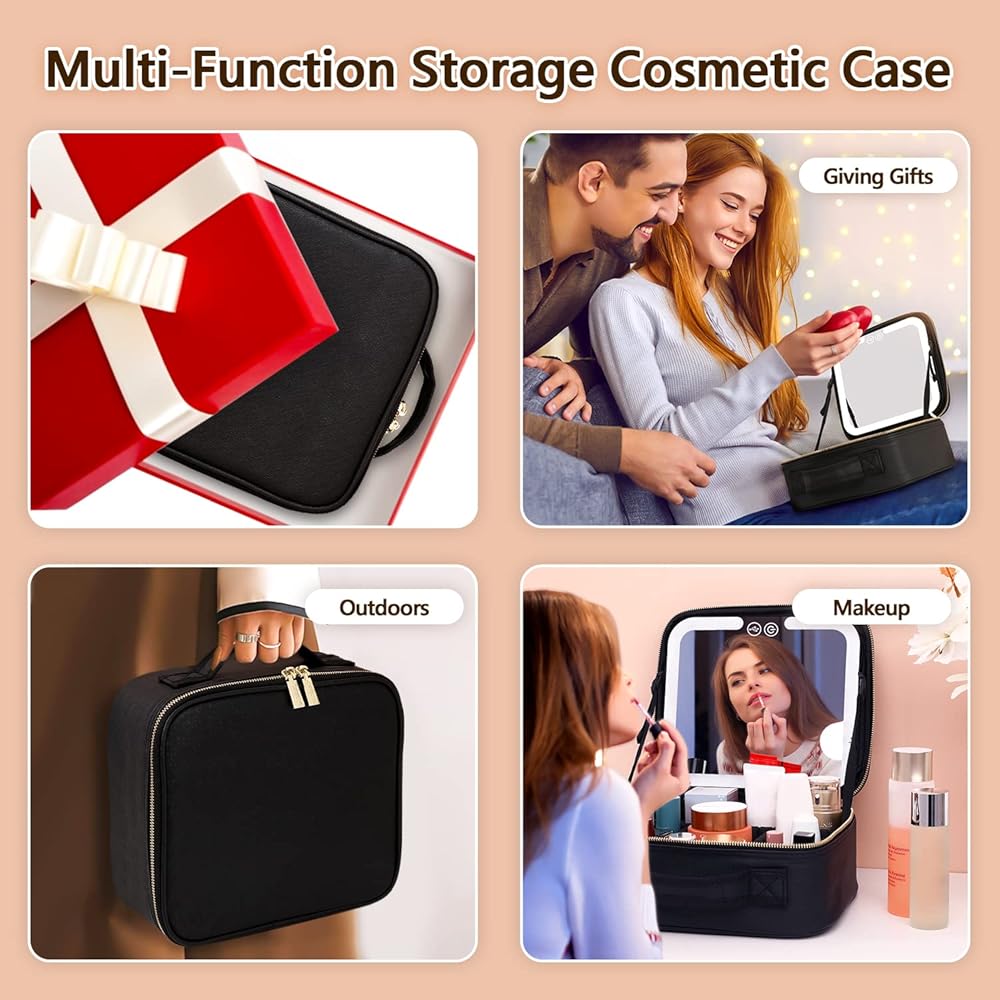 Travel Makeup Bag with LED Lighted Make up Case with Rechargeable Mirror| 3 Different Light Mode | Cosmetic Makeup Box Organizer Vanity Case for Accessories