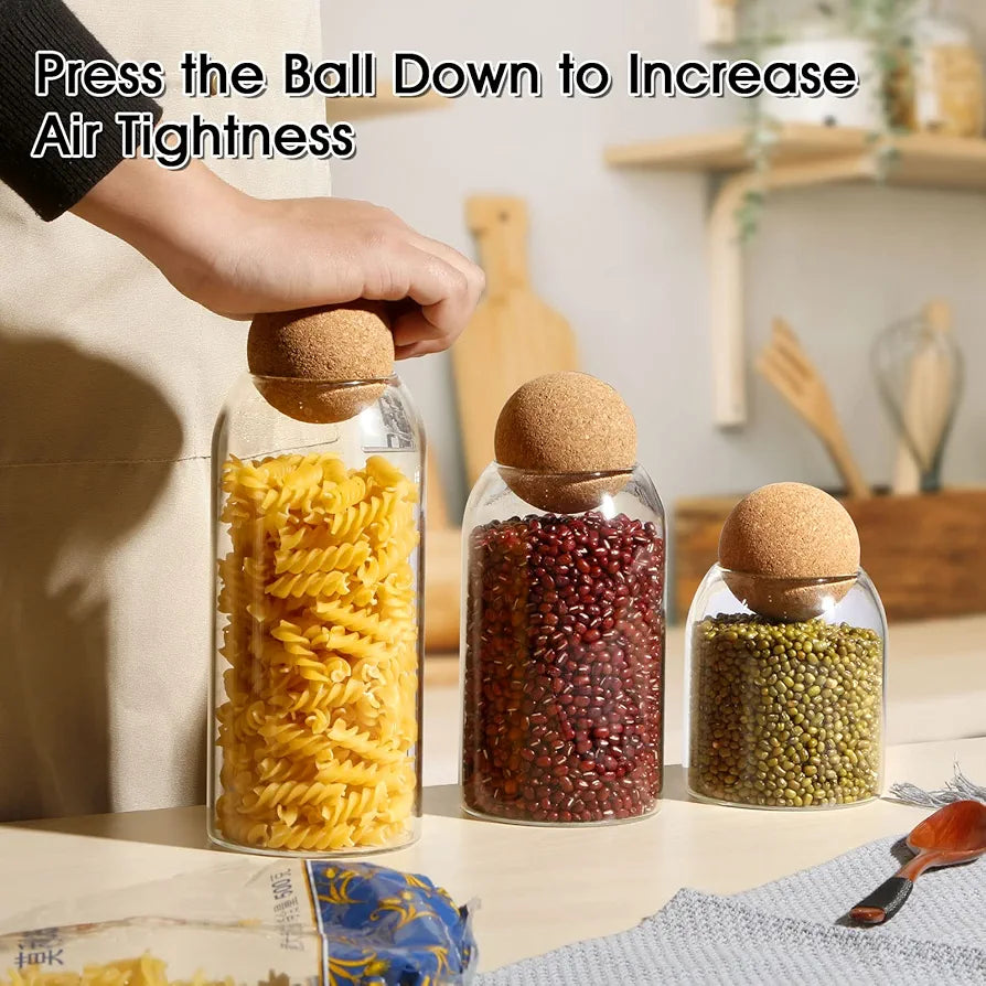 Set Of Glass Storage Jars with Cork Ball Lids