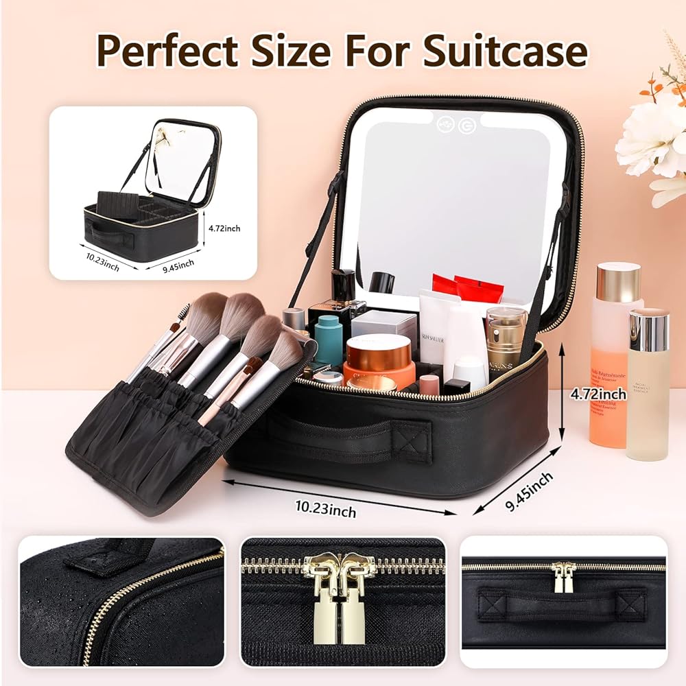 Travel Makeup Bag with LED Lighted Make up Case with Rechargeable Mirror| 3 Different Light Mode | Cosmetic Makeup Box Organizer Vanity Case for Accessories