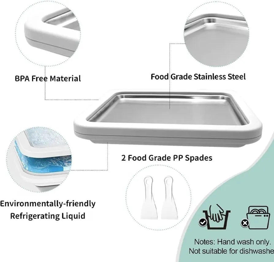 STAINLESS STEEL ICE CREAM ROLL MACHINE WITH SPATULA – RECTANGULAR DEEPENED COLD PLATE SORBET MAKER FOR HOME