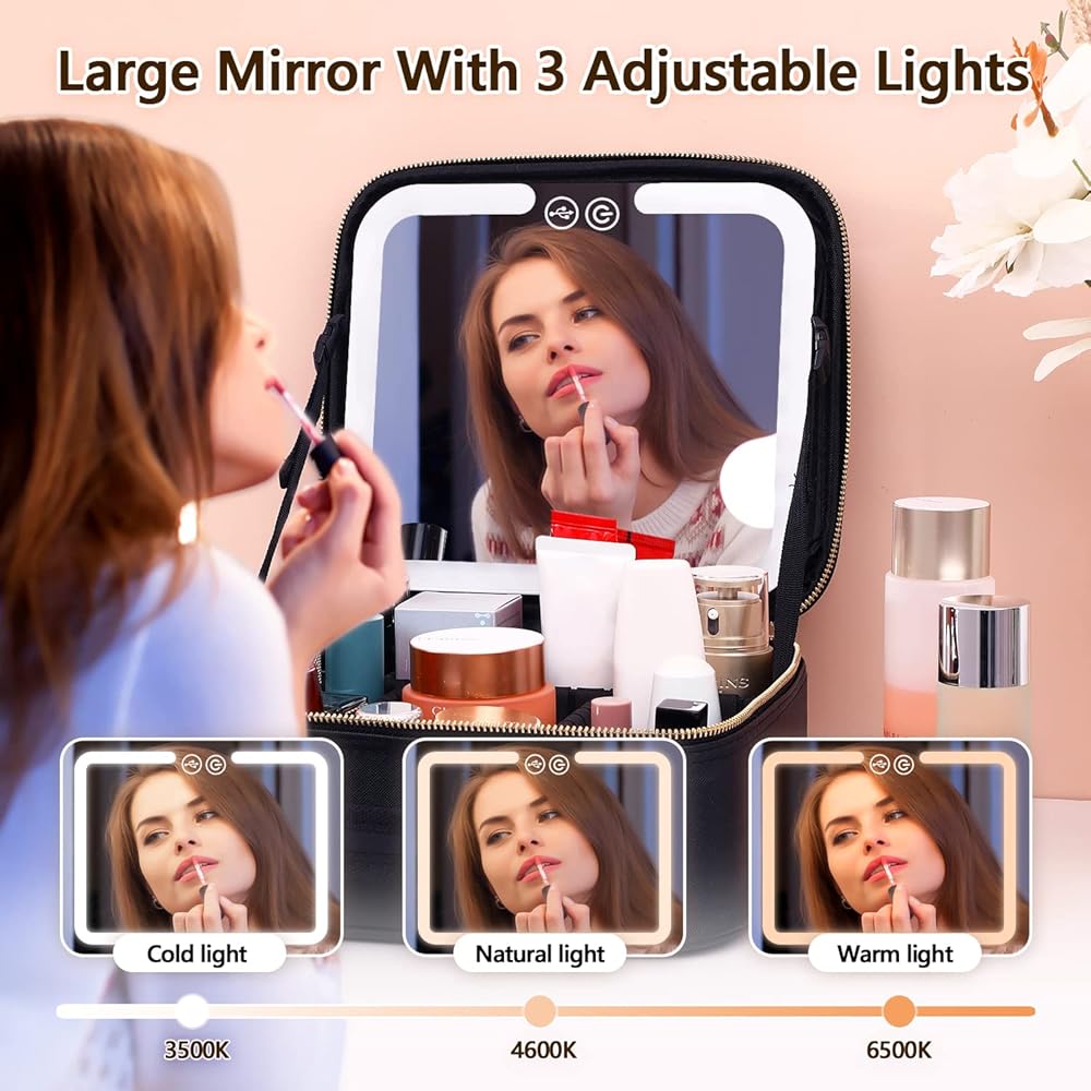 Travel Makeup Bag with LED Lighted Make up Case with Rechargeable Mirror| 3 Different Light Mode | Cosmetic Makeup Box Organizer Vanity Case for Accessories
