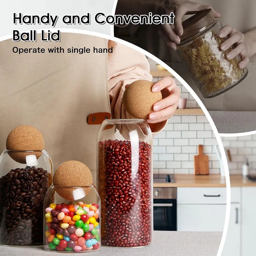 Set Of Glass Storage Jars with Cork Ball Lids