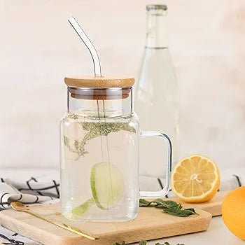 Square Glass Mug with Bamboo Lid and Straw - 550 ML