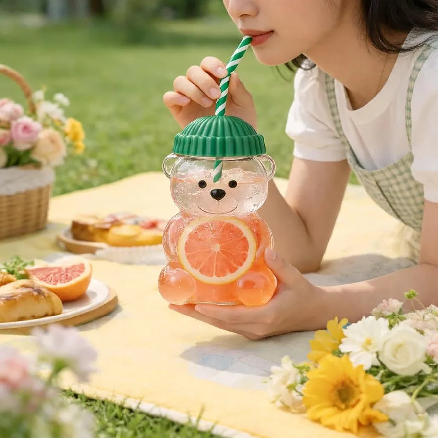 Bear Shape Glass Drinking Cup with Straw & Lid | Cute Teddy Bear Tumbler |Premium Quality