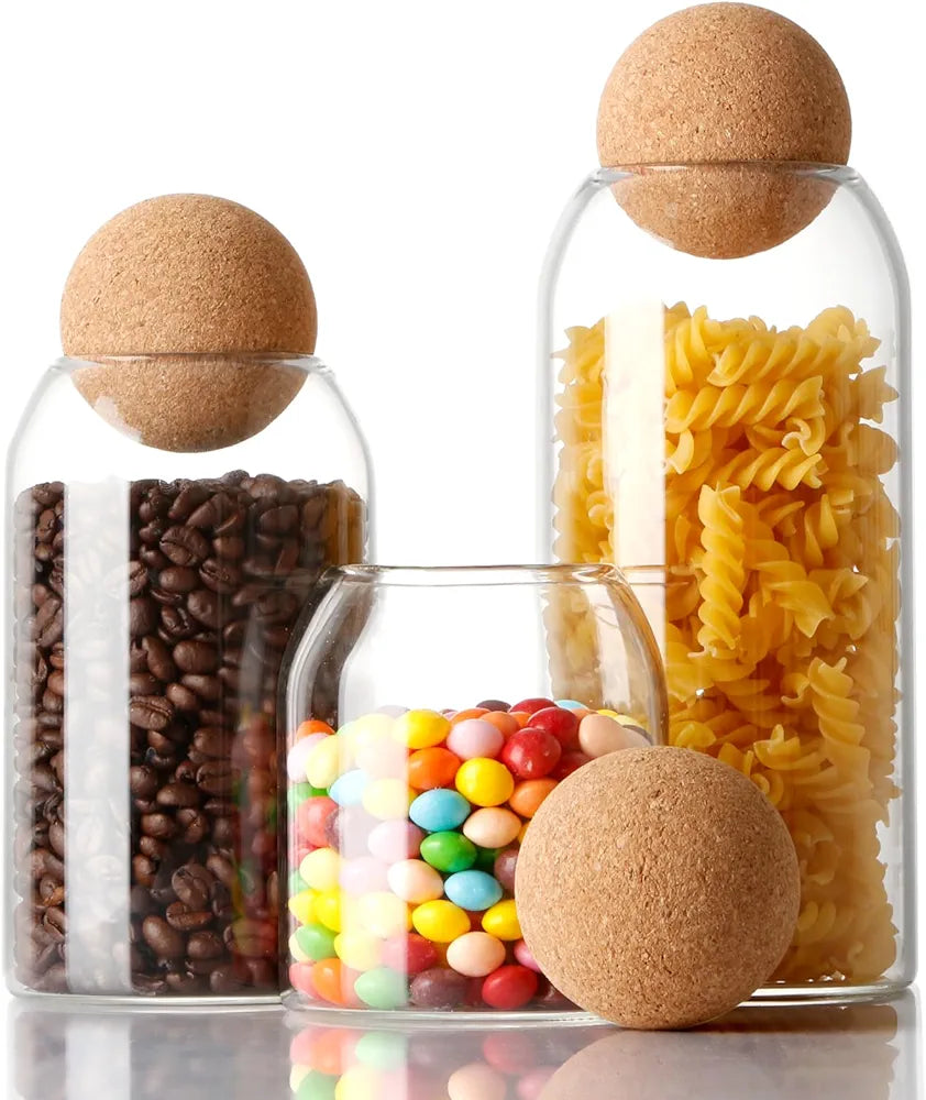 Set Of Glass Storage Jars with Cork Ball Lids
