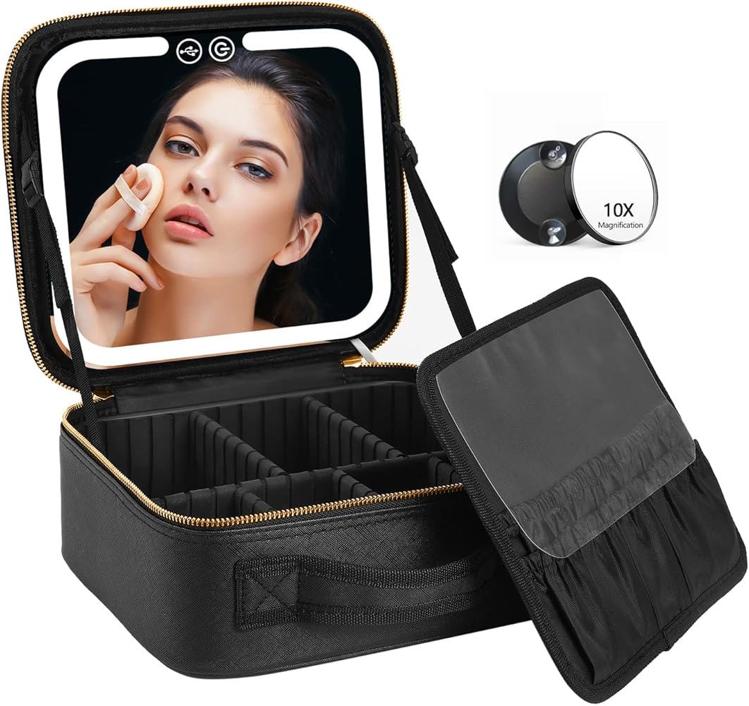 Travel Makeup Bag with LED Lighted Make up Case with Rechargeable Mirror| 3 Different Light Mode | Cosmetic Makeup Box Organizer Vanity Case for Accessories