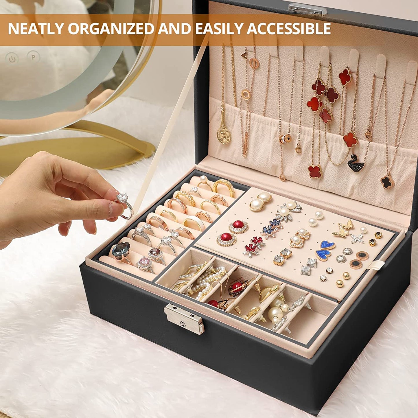 Premium Leather Jewelry Box Double Layer Storage