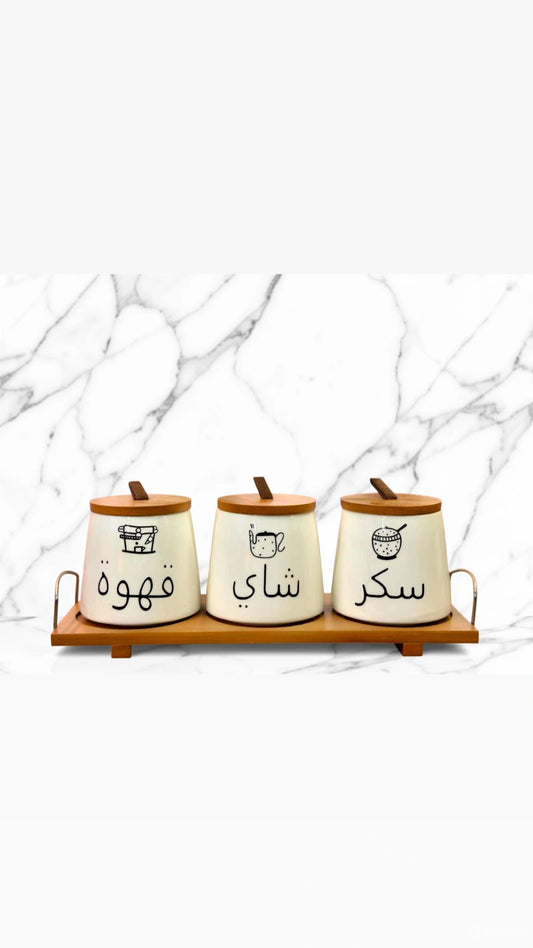Ceramic Tea Coffee Sugar Jar Set with Stand