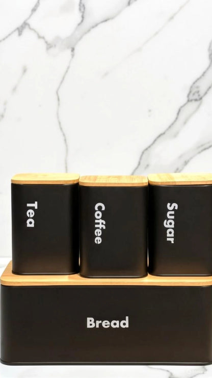 Metal Bread Box Set 4-Piece with Bamboo Lid