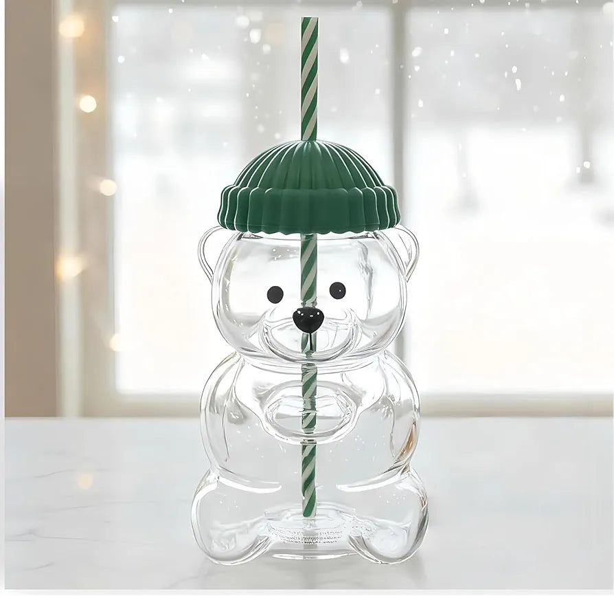 Bear Shape Glass Drinking Cup with Straw & Lid | Cute Teddy Bear Tumbler |Premium Quality