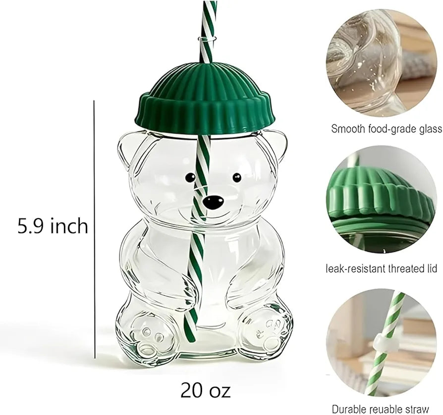 Bear Shape Glass Drinking Cup with Straw & Lid | Cute Teddy Bear Tumbler |Premium Quality