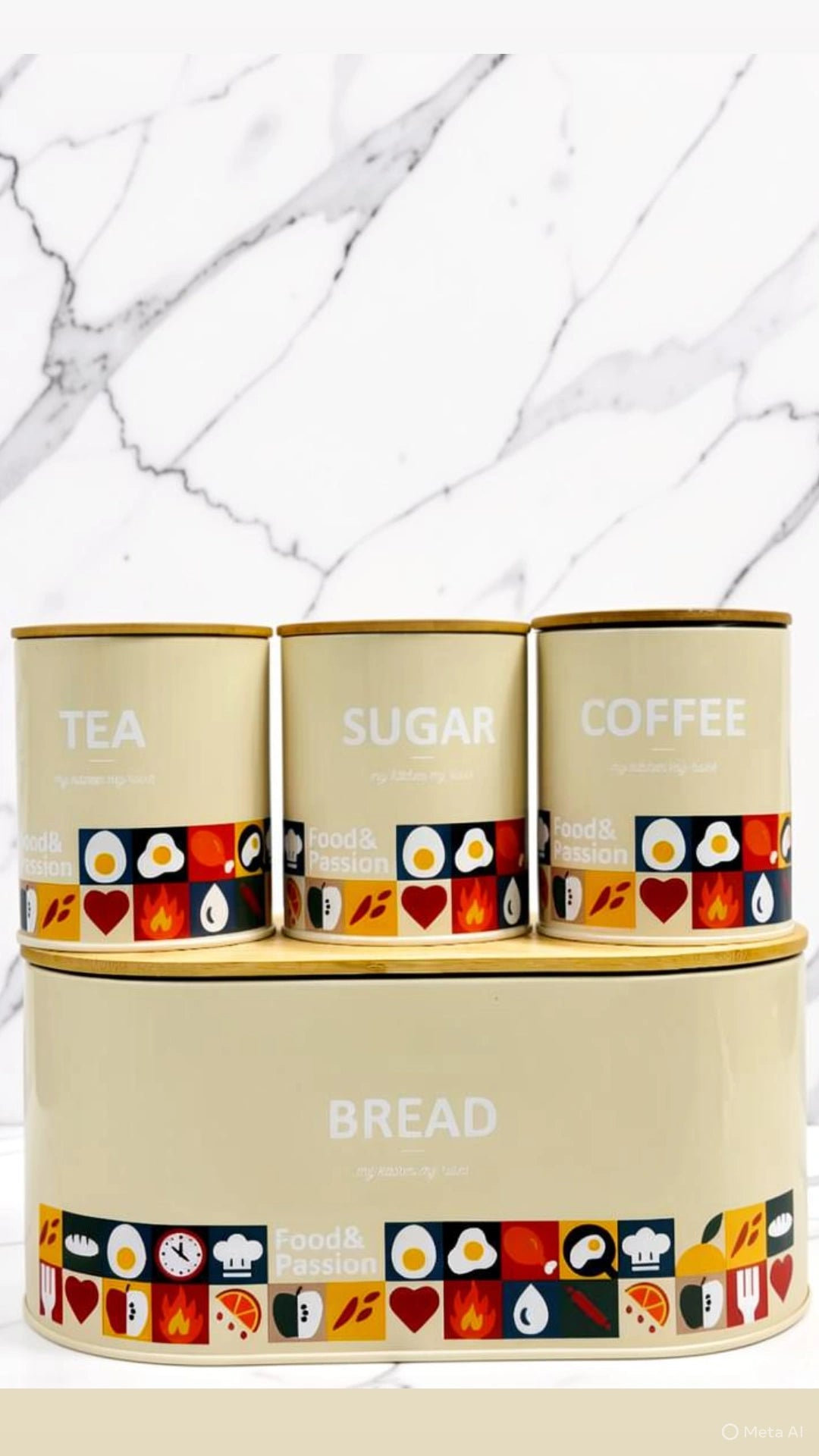 4 Piece Kitchen Storage Set Bread Box & Canisters – Tea Coffee Sugar Jars with Bamboo Lids
