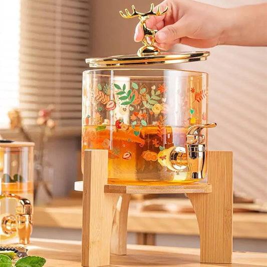 Golden Deer  Heat-Resistant Glass Drink Dispenser| 3.5 Litres |With Bamboo stand