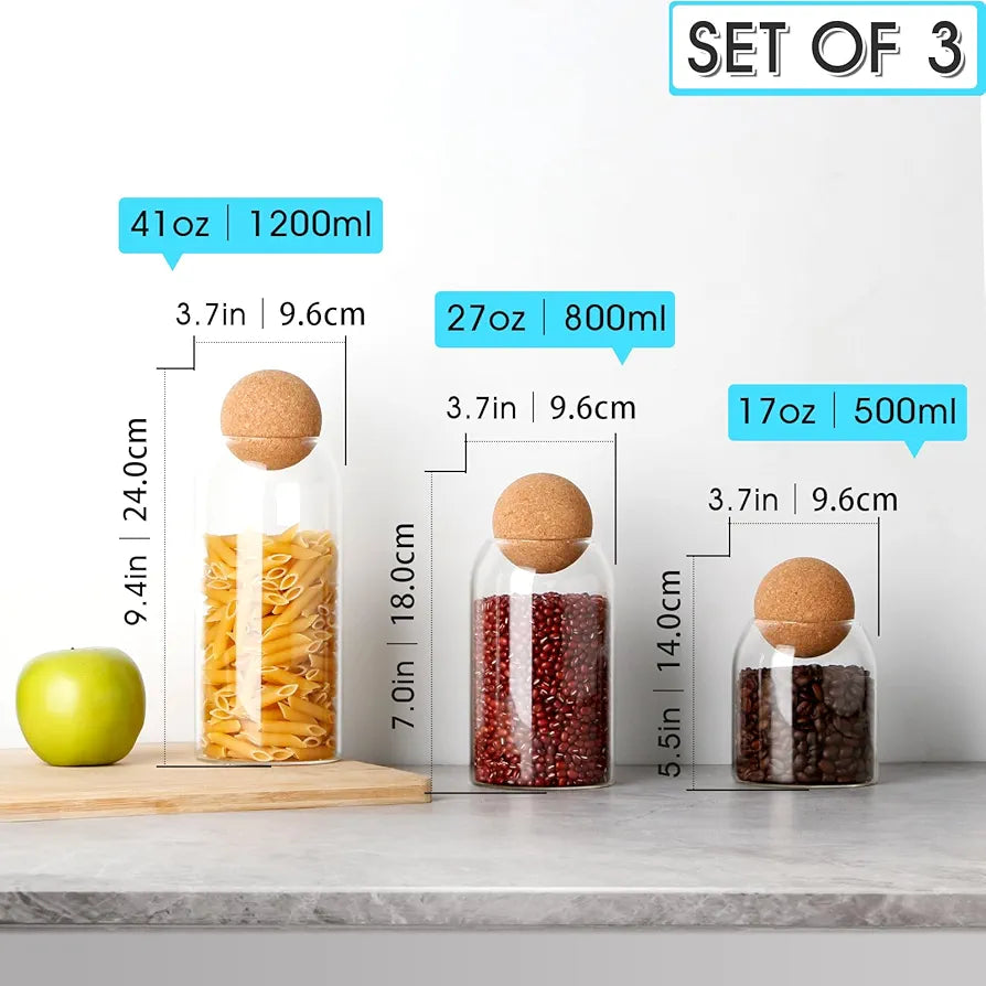 Set Of Glass Storage Jars with Cork Ball Lids