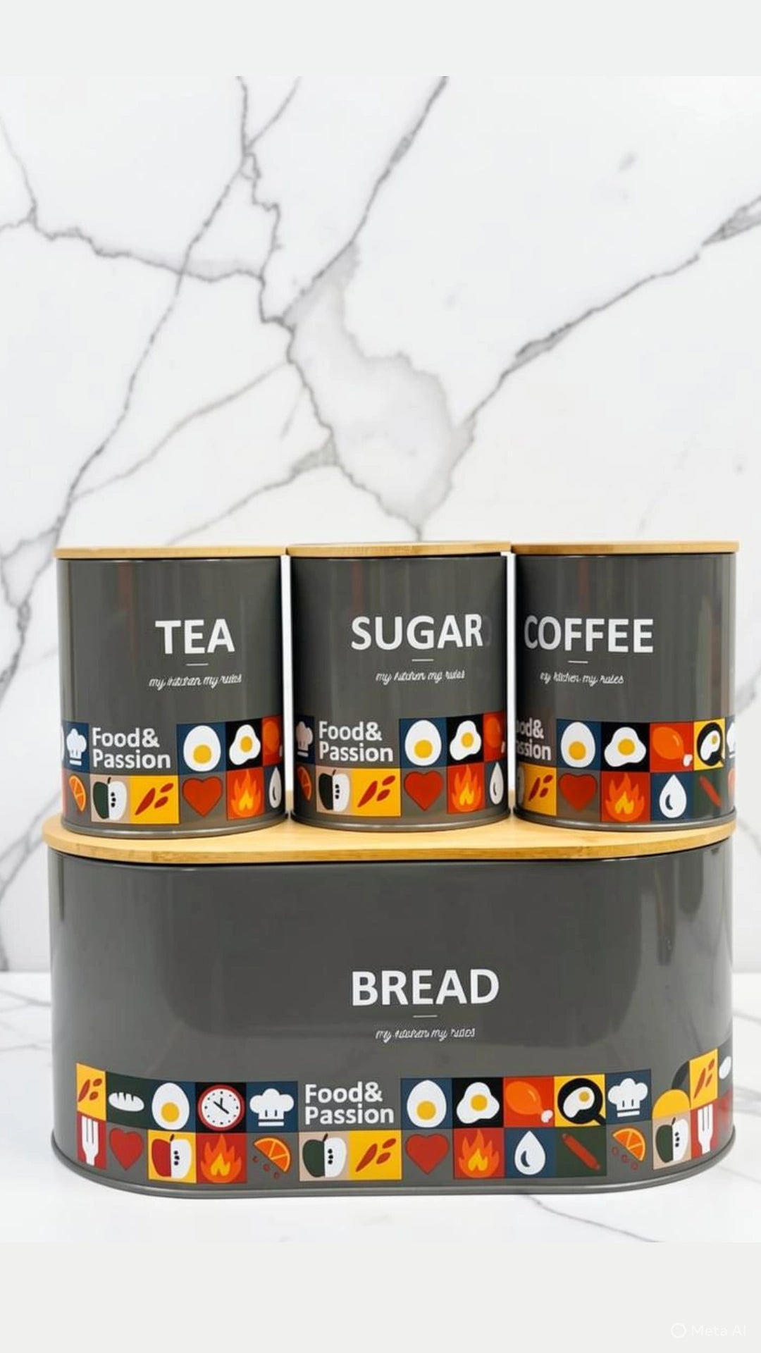 4 Piece Kitchen Storage Set Bread Box & Canisters – Tea Coffee Sugar Jars with Bamboo Lids