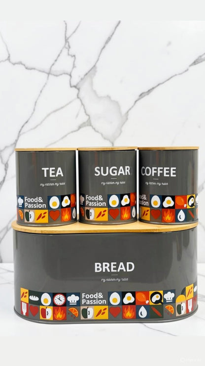 4 Piece Kitchen Storage Set Bread Box & Canisters – Tea Coffee Sugar Jars with Bamboo Lids