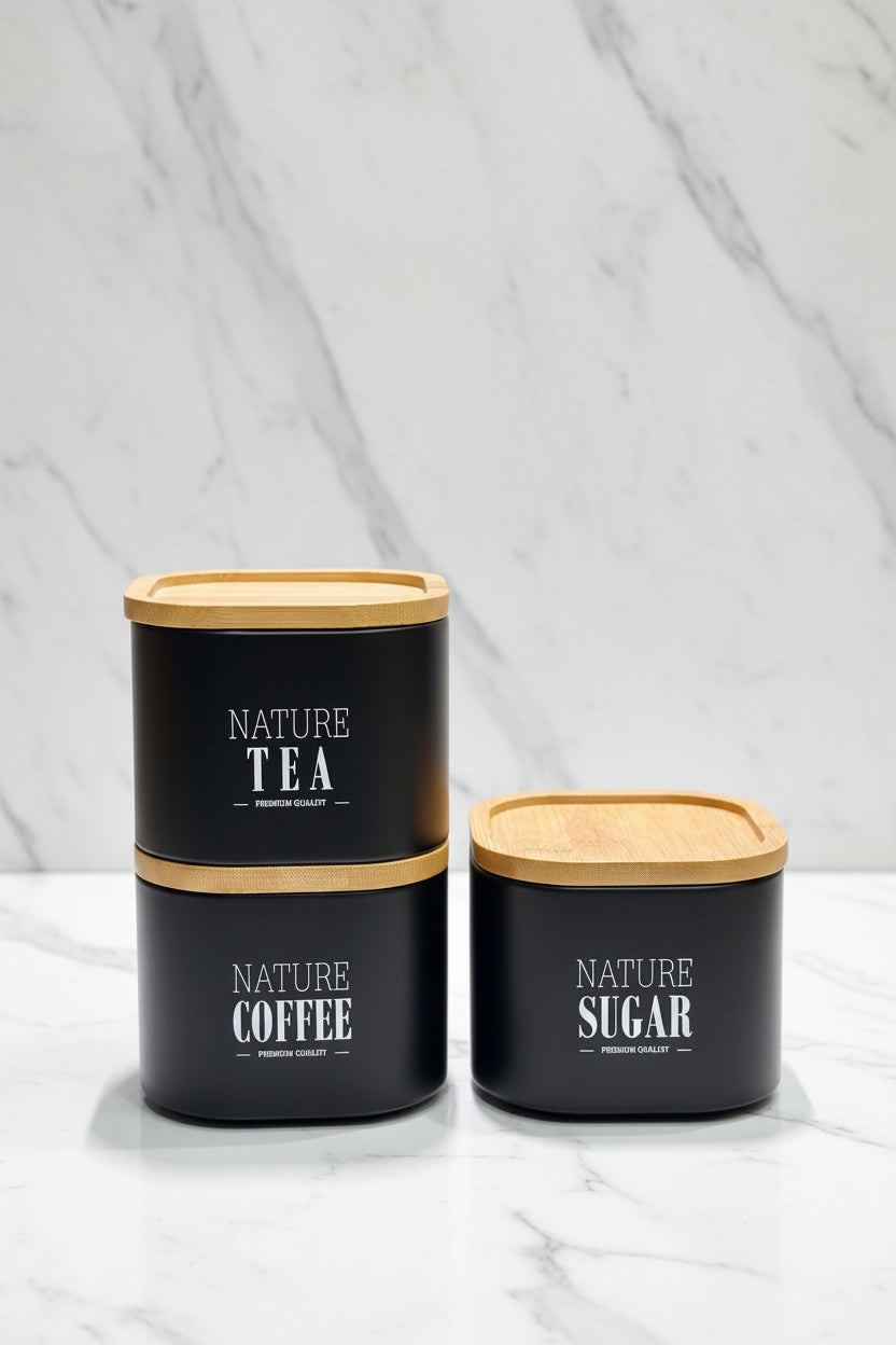 Square Stackable Jar Set – Tea Coffee Sugar – White (Black)