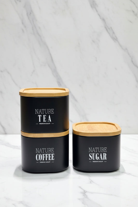 Square Stackable Jar Set – Tea Coffee Sugar – White (Black)