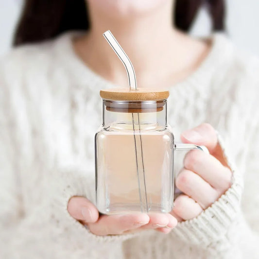 Square Glass Mug with Bamboo Lid and Straw - 550 ML