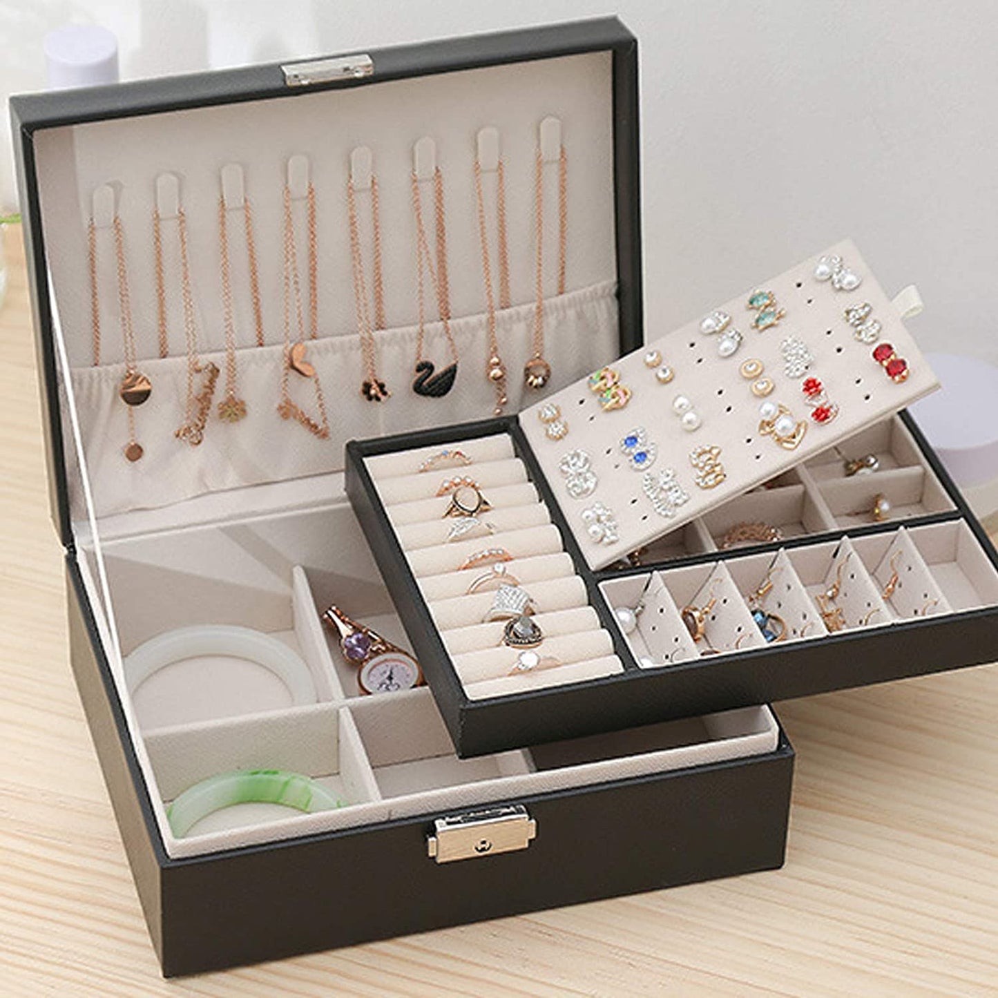 Premium Leather Jewelry Box Double Layer Storage