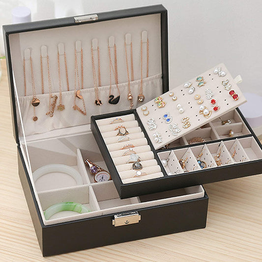 Premium Leather Jewelry Box Double Layer Storage